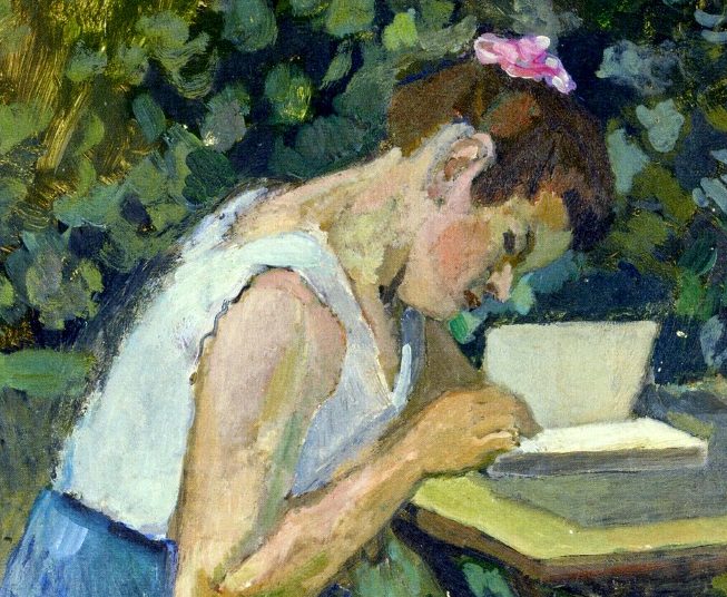 «Mujer leyendo», Henri Matisse, 1903. Una mujer apoyada en una mesa lee un libro en un jardín.
