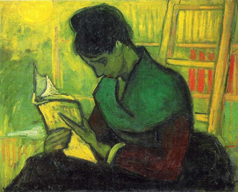 «La lectora de novelas», Vincent van Gogh, 1888. Una mujer está sentada junto a una estantería y se inclina con atención sobre el libro que está leyendo.